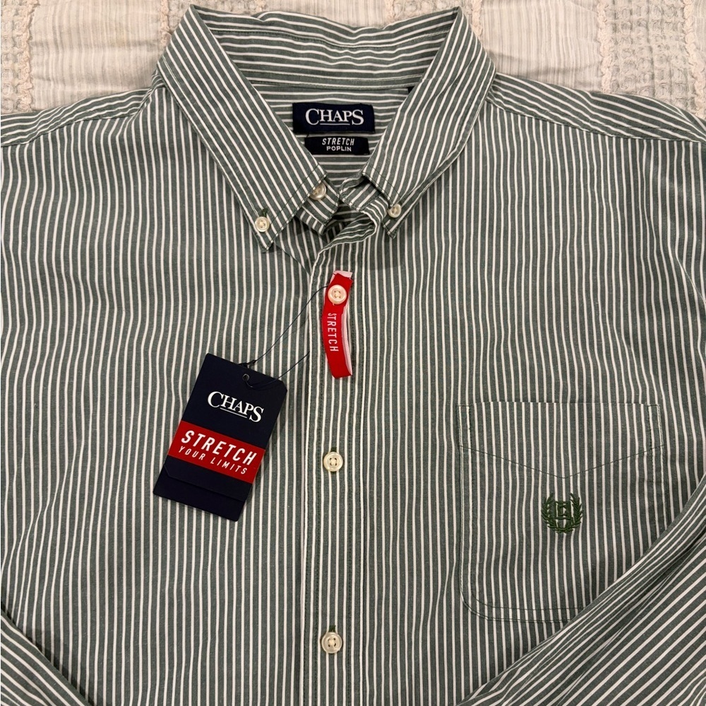Chaps Menβs XXL Green White Stripe Stretchβ Poplin Button Down Shirt NWT